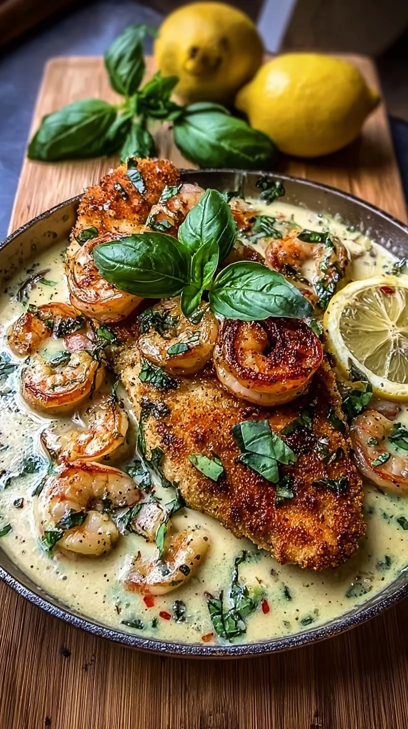 Pan-seared chicken and garlic shrimp in a creamy lemon basil sauce