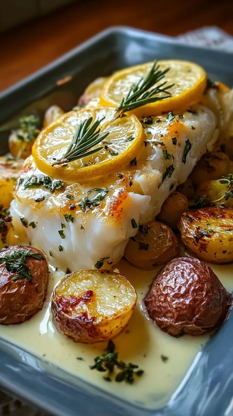A baking sheet with roasted gold potatoes and baked cod fillets covered in a creamy lemon herb sauce.