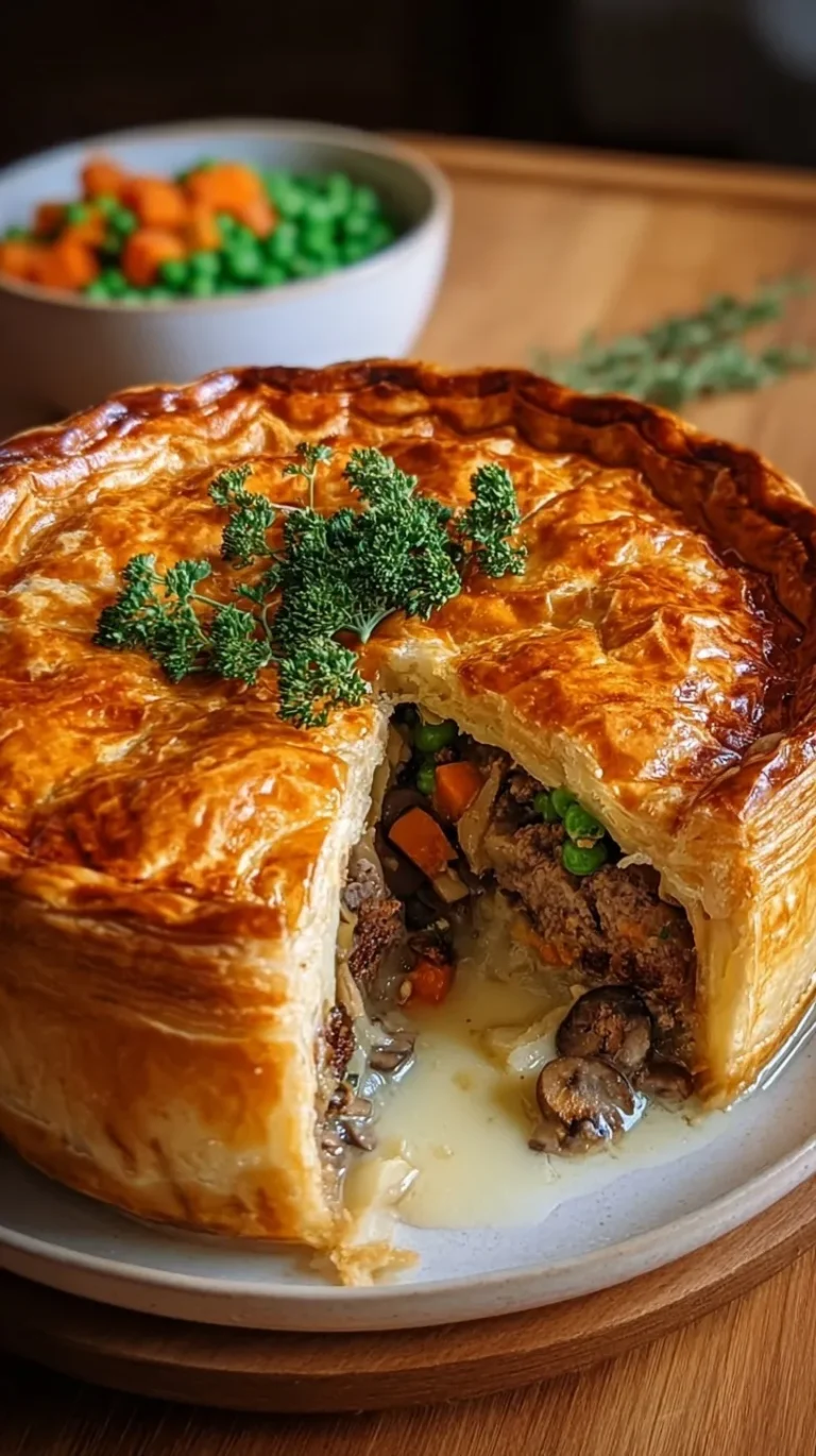 A golden brown Creamy Meat and Vegetable Pie in a deep dish with a slice removed showing the creamy beef filling.