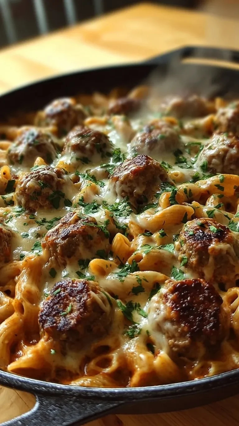 A bubbling dish of Creamy Meatball Pasta Bake with melted mozzarella and fresh basil.