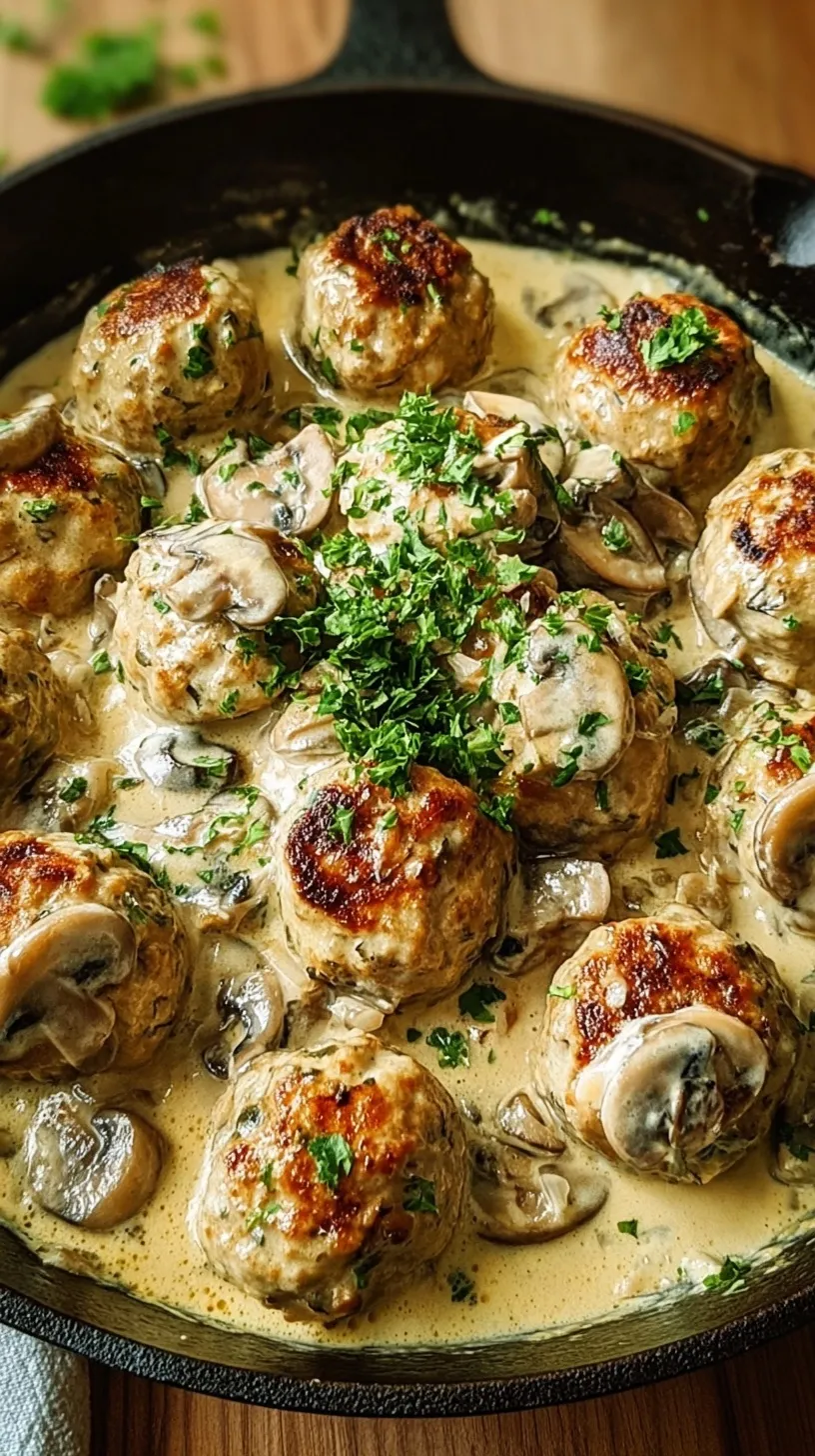 Golden seared chicken meatballs in a thick white mushroom cream sauce garnished with parsley