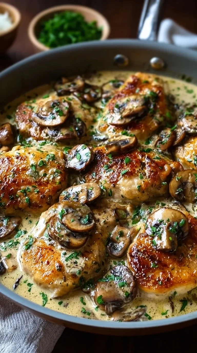A golden-brown chicken breast smothered in a creamy mushroom garlic sauce in a cast iron skillet.