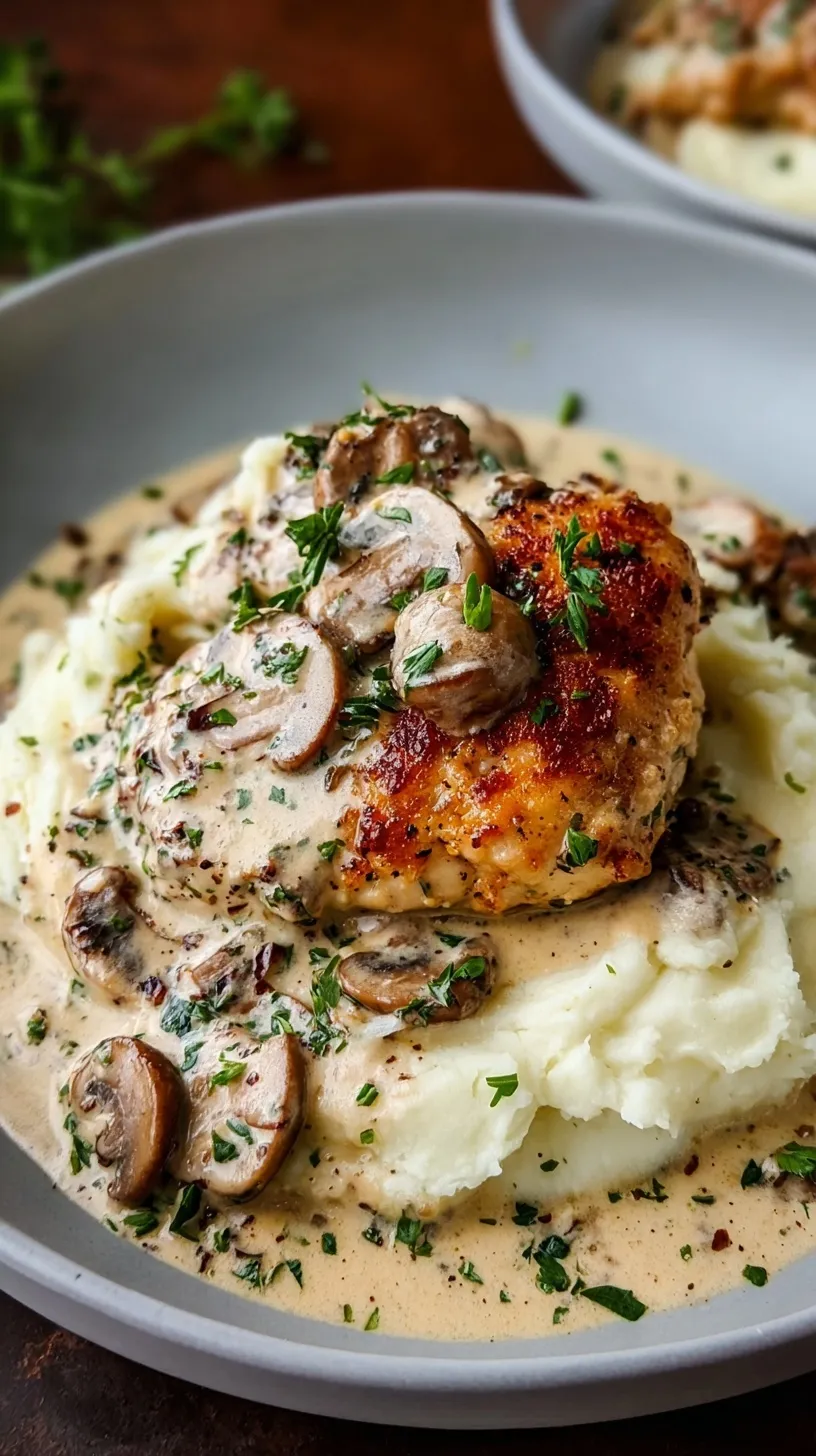 Pan-seared chicken breast topped with creamy mushroom sauce over mashed potatoes