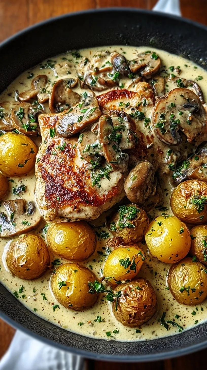 Pan-seared chicken in a creamy mushroom sauce served with crispy roasted baby potatoes