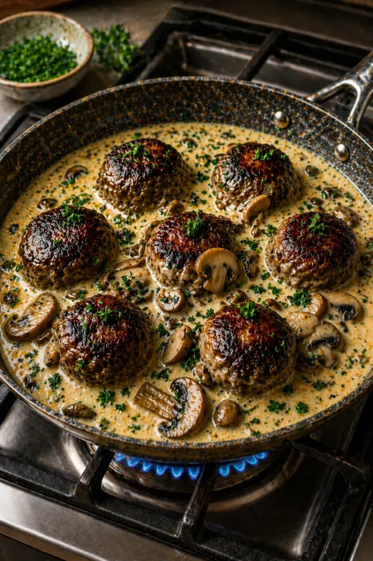 creamy mushroom meatballs in skillet with rich sauce and fresh parsley