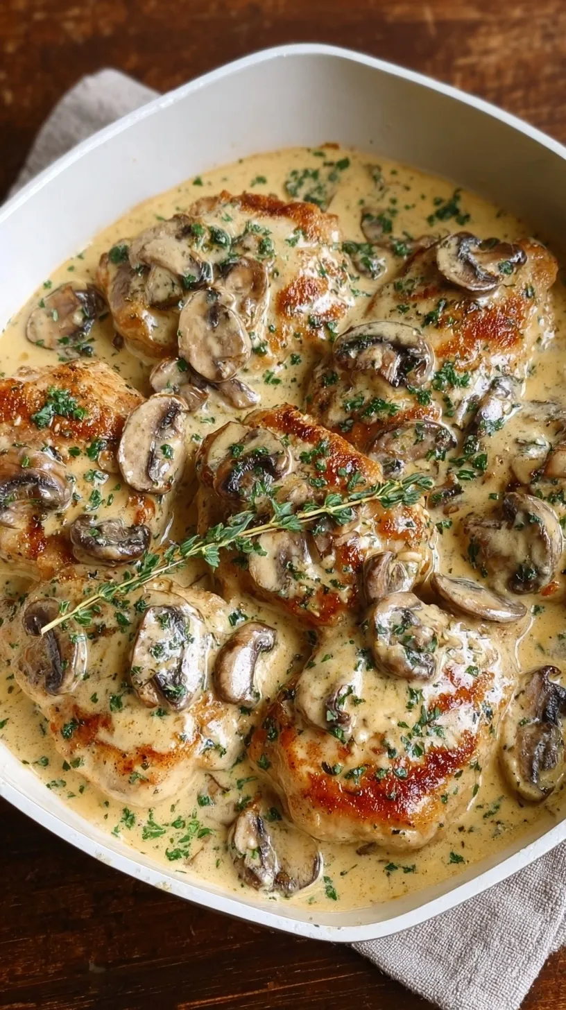Pan-seared chicken breasts topped with a creamy mushroom and parmesan sauce in a skillet.