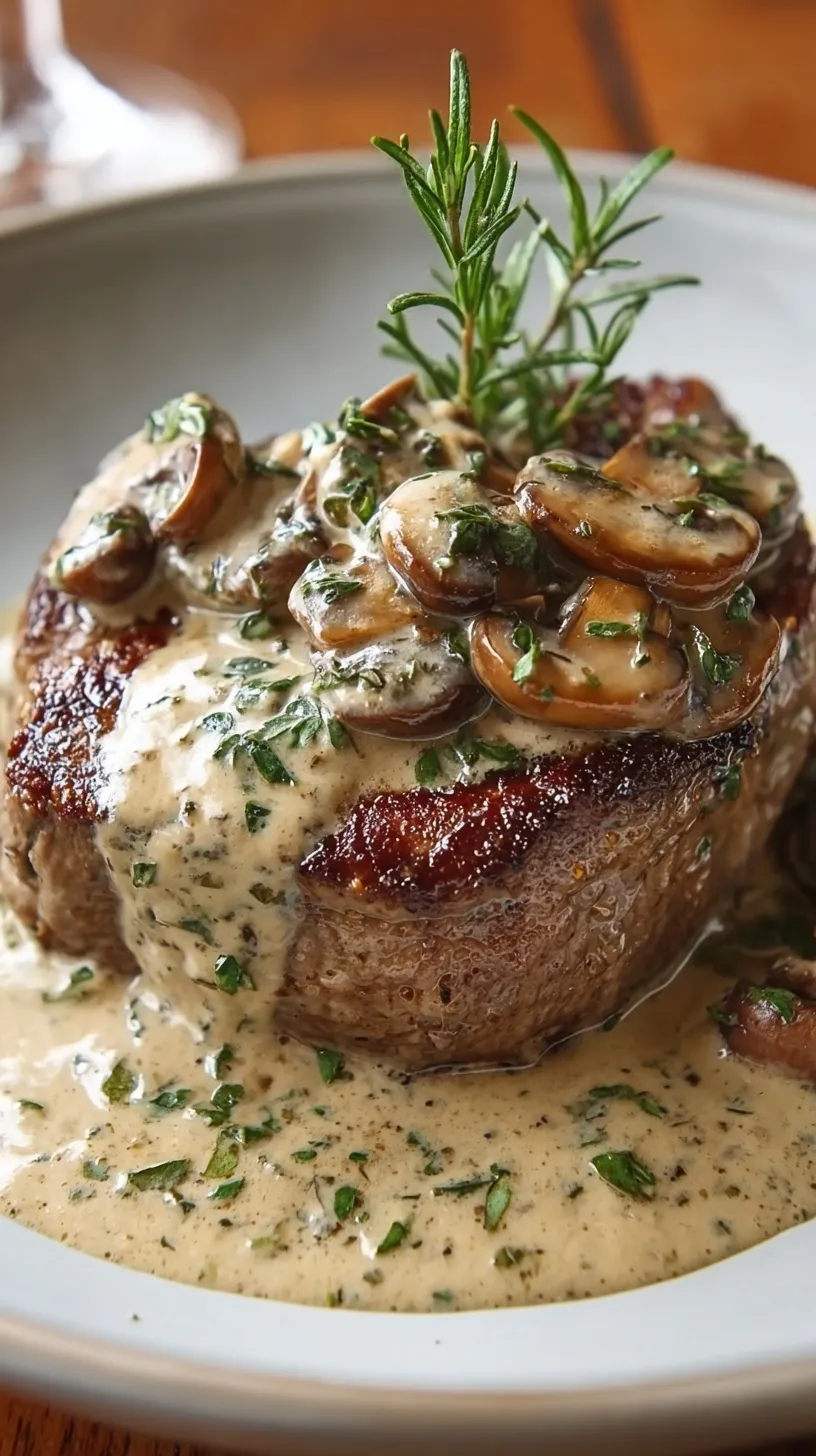 Pan-seared ribeye steak topped with thick mushroom cream sauce and fresh herbs.