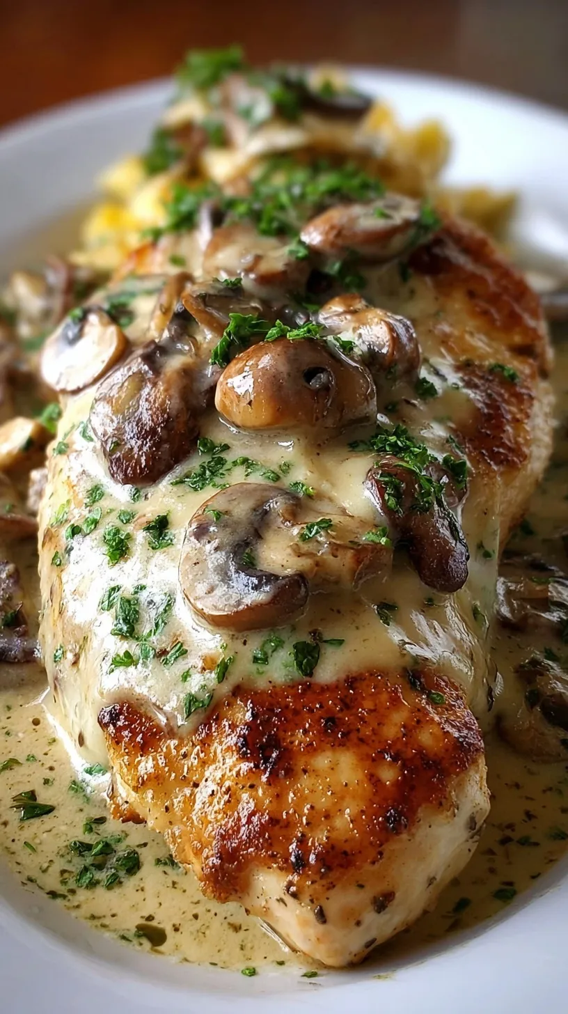 Pan-seared chicken breasts topped with melted Swiss cheese and creamy mushroom sauce in a skillet.
