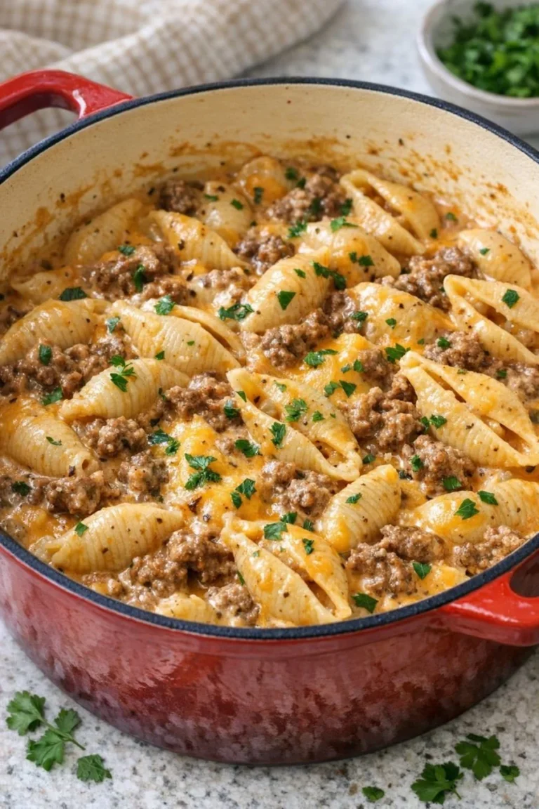 Creamy one-pot beef and shells meal served in a bowl