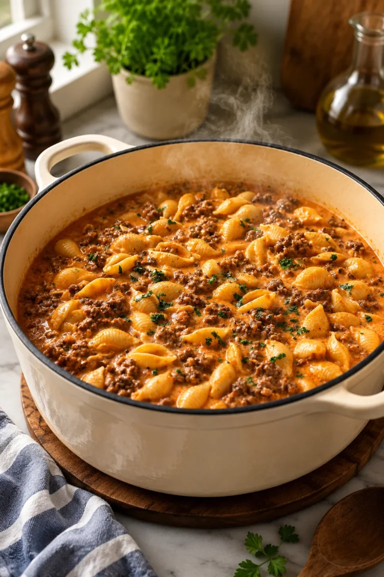 Creamy one pot beef and shells recipe served with cheddar cheese and fresh parsley.
