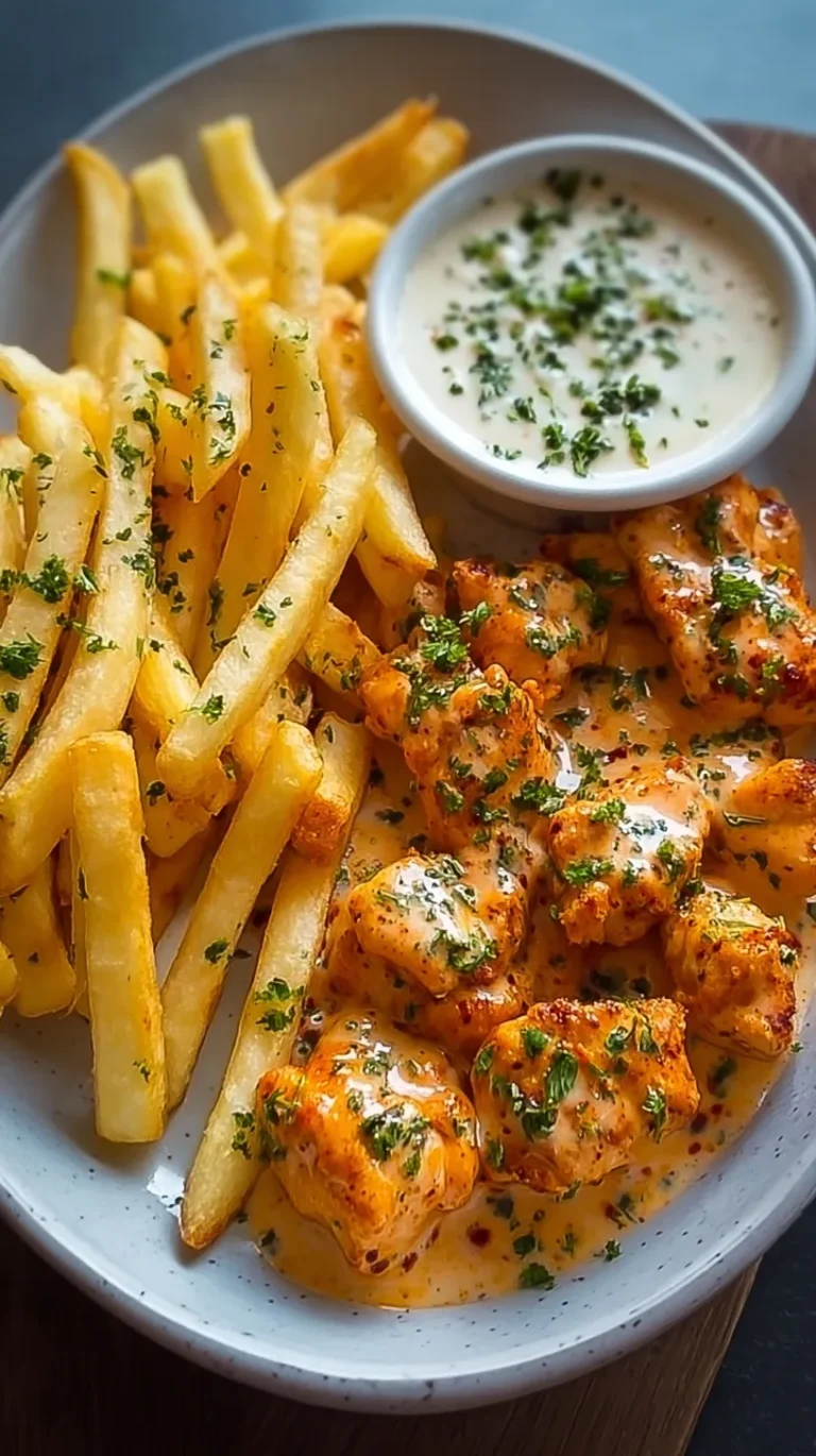 Golden chicken bites in a reddish cream sauce served with roasted potato fries and parsley