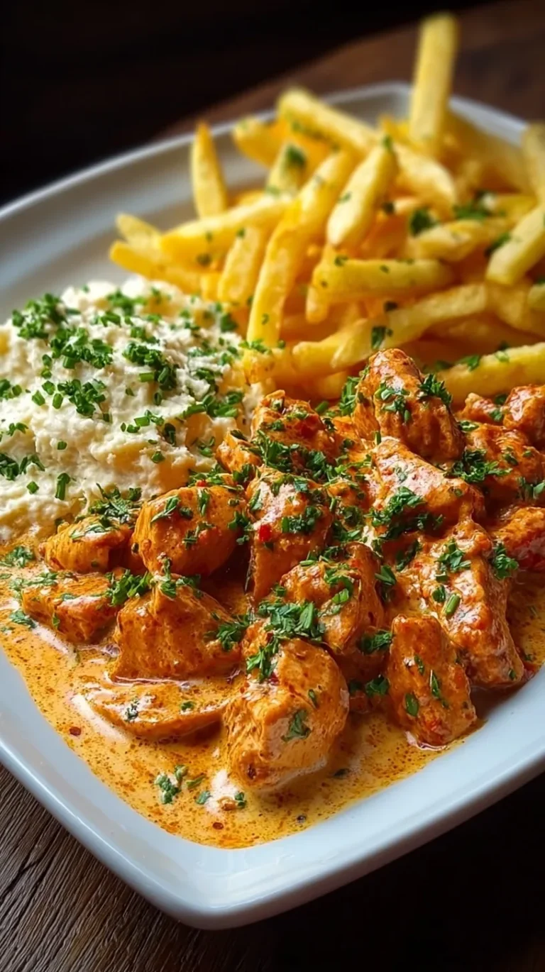 A plate of creamy paprika chicken in a rich orange sauce served with a side of golden crispy fries.