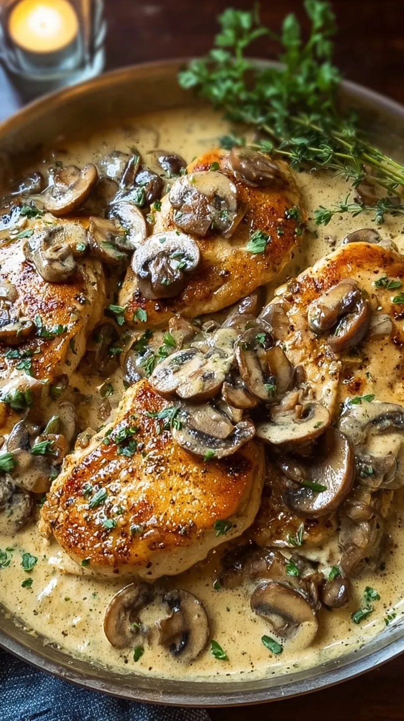 Pan-seared chicken cutlets in a creamy garlic mushroom and parmesan sauce