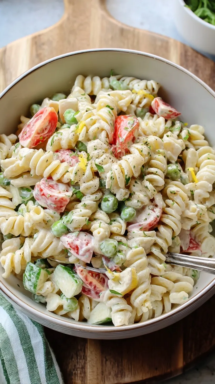 A large bowl of creamy pasta salad with rotini, peppers, and tomatoes