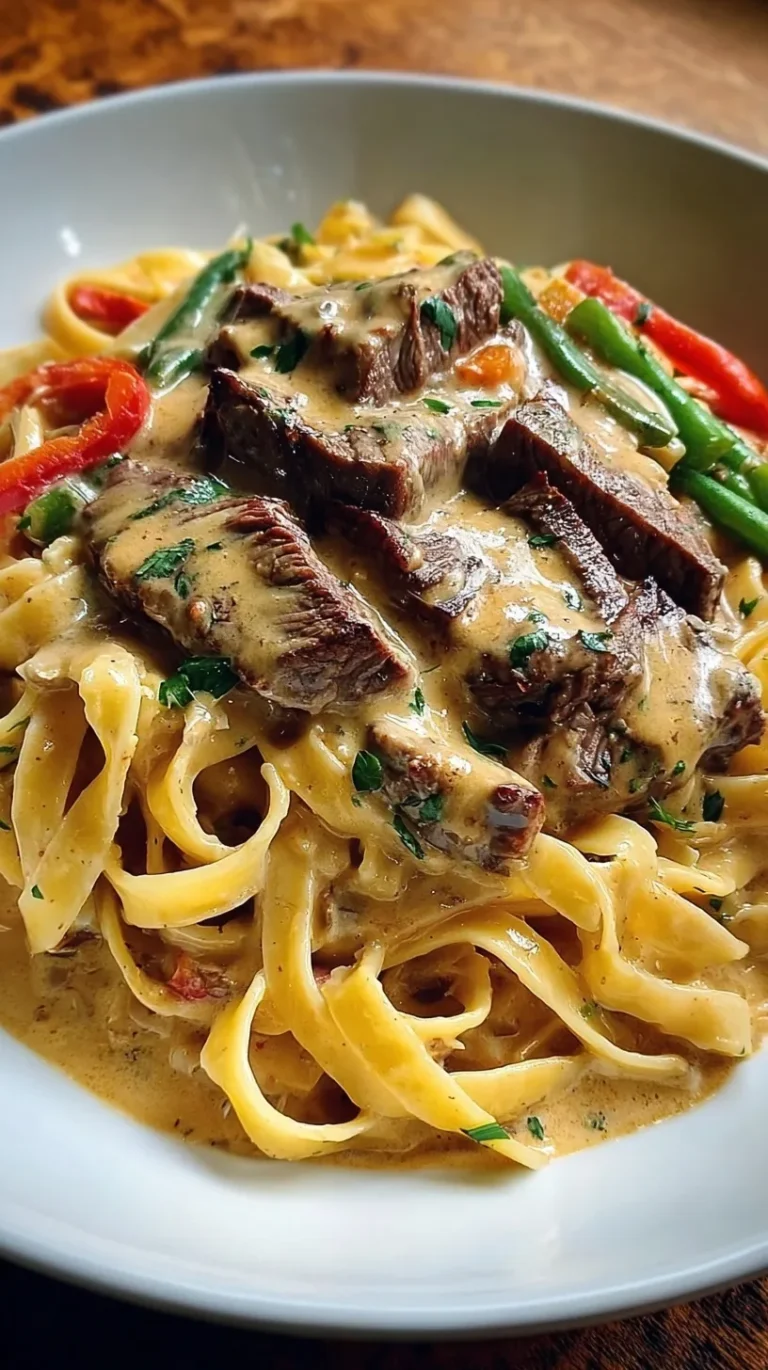 A white bowl filled with creamy fettuccine pasta, seared steak strips, and cracked black pepper garnish.