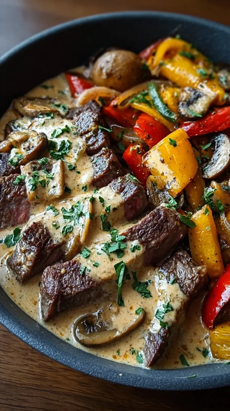 Sliced steak strips in a creamy peppercorn sauce with roasted zucchini and peppers
