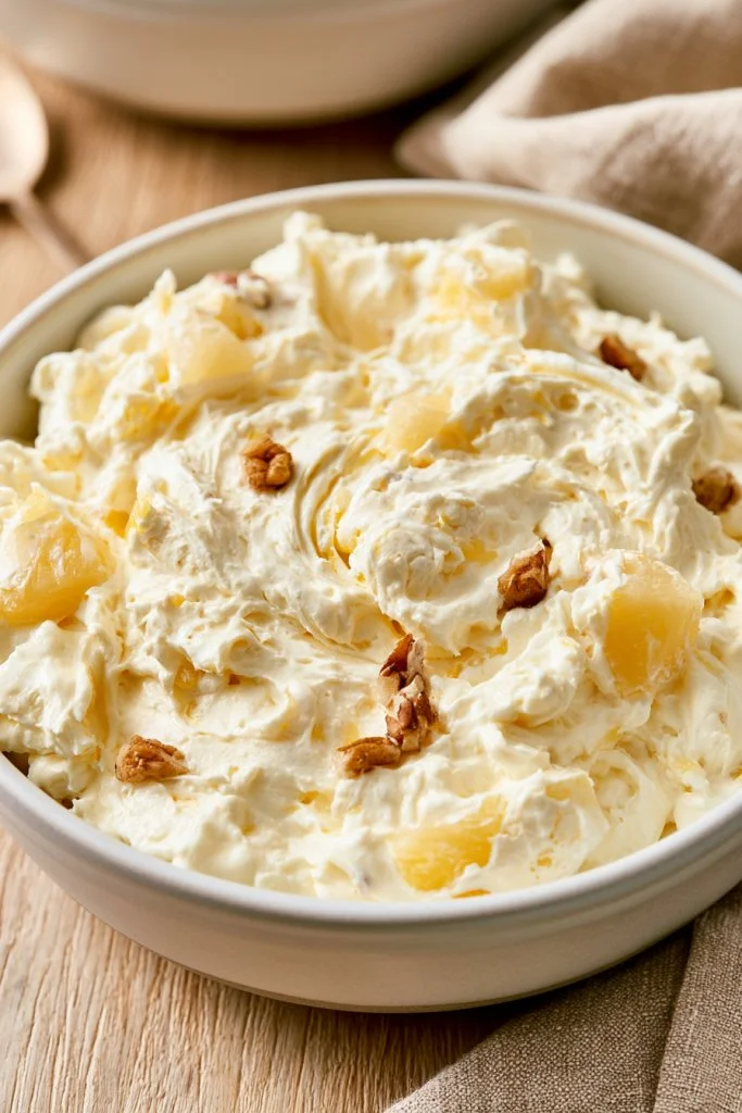 Deliciously creamy Pineapple Fluff dessert in a bowl