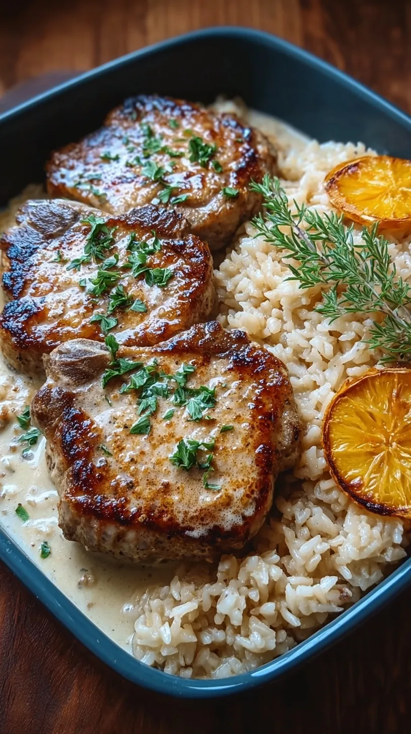 Golden seared pork chops resting on a bed of creamy mushroom rice in a baking dish.