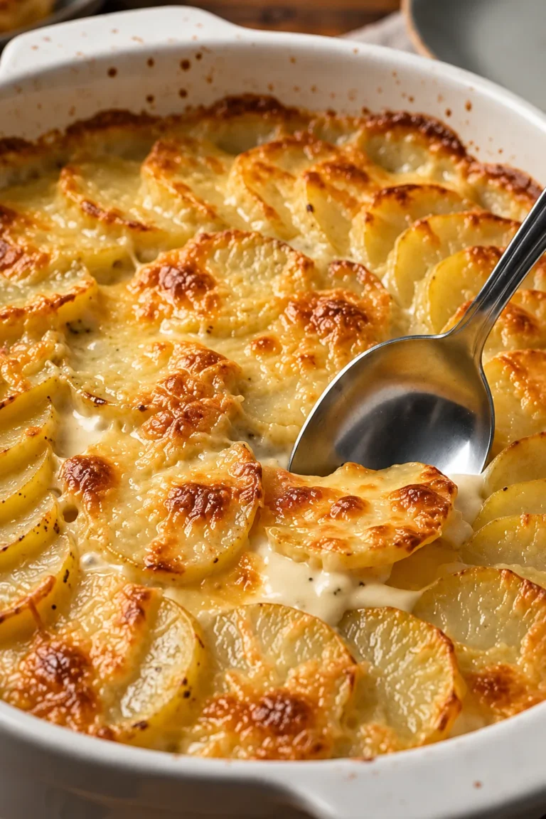 Creamy potatoes au gratin baked with melted cheese and golden crispy topping
