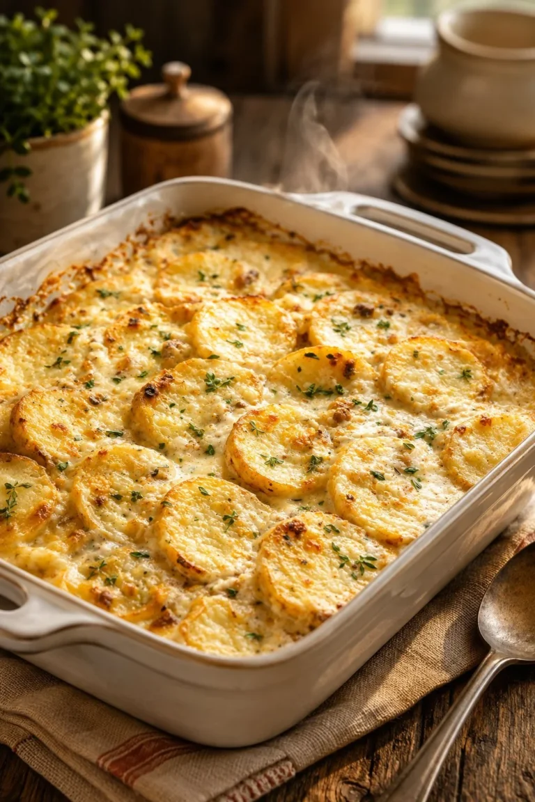 Creamy pour-over baked potatoes topped with savory sauce