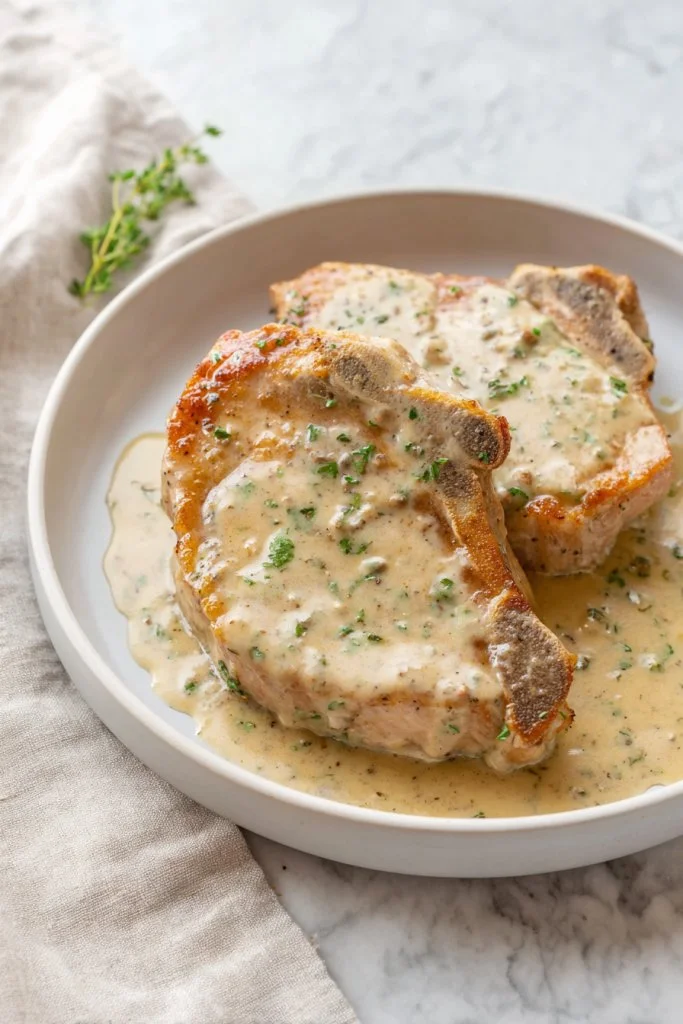 Creamy ranch pork chops served with herbs and side vegetables