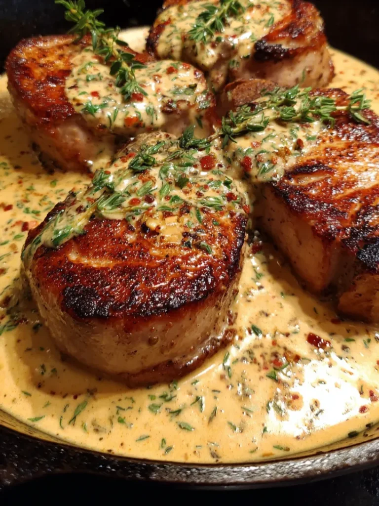 A vertical, high-angle close-up of four thick-cut, seared pork chops in a black cast-iron skillet. The chops are partially submerged in a rich, pale-orange cream sauce flecked with green herbs and red pepper flakes. Each chop is garnished with a fresh sprig of green thyme. The background is a warm, softly lit kitchen.