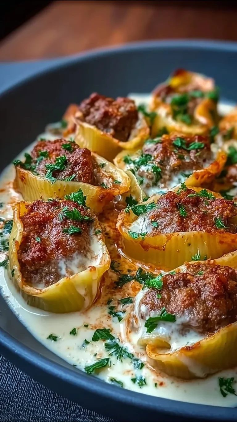 Large pasta shells stuffed with beef and ricotta cheese in a creamy red sauce topped with melted mozzarella.