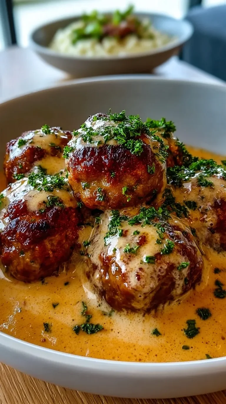 A skillet filled with pan-seared meatballs smothered in a rich, light brown cream sauce.