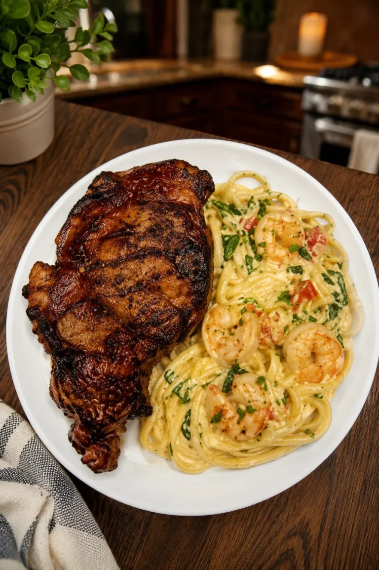 Delicious creamy shrimp pasta with ribeye served on a plate