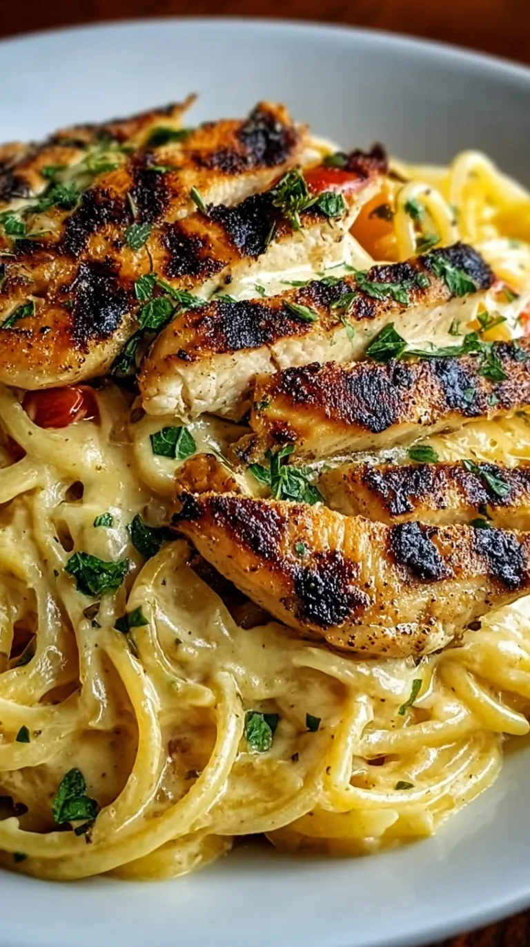 A bowl of creamy spaghetti topped with sliced grilled chicken and fresh parsley