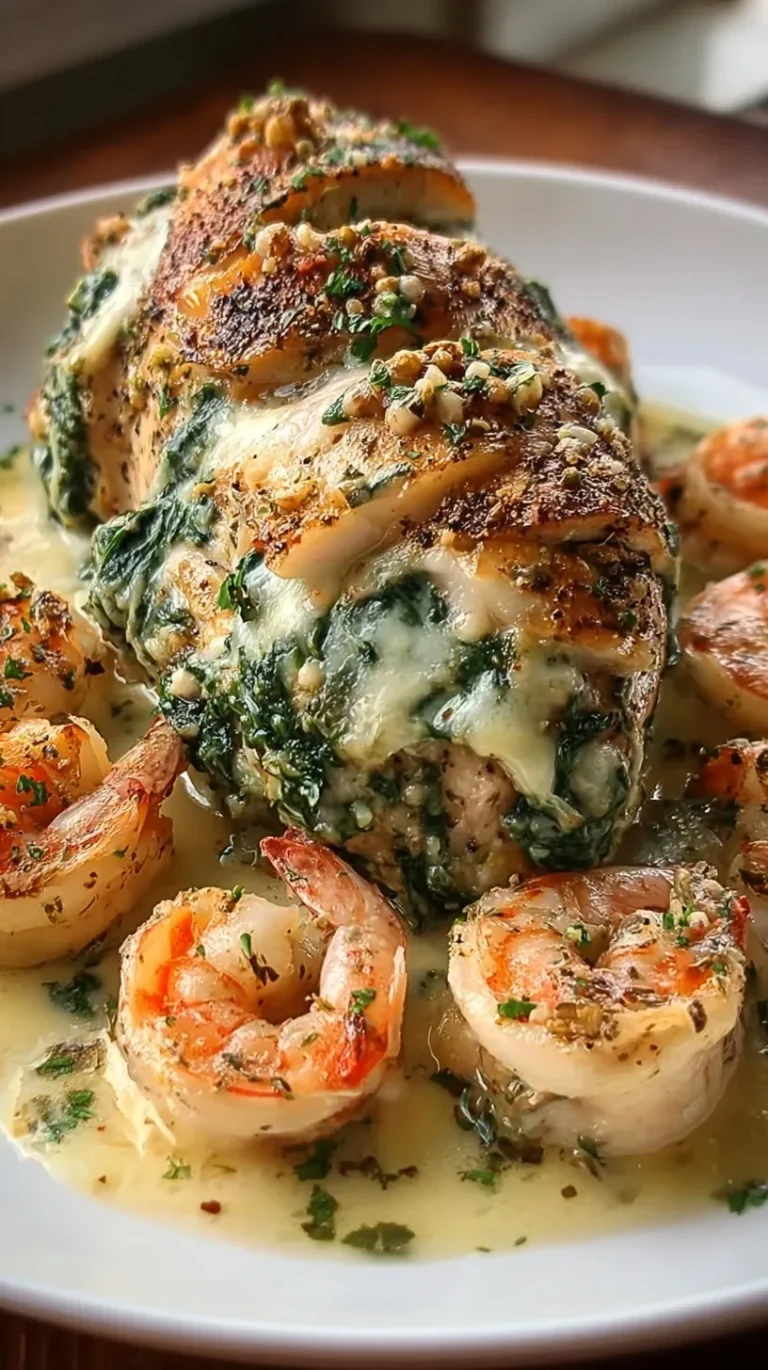 A pan-seared stuffed chicken breast topped with golden garlic butter shrimp and fresh herbs.