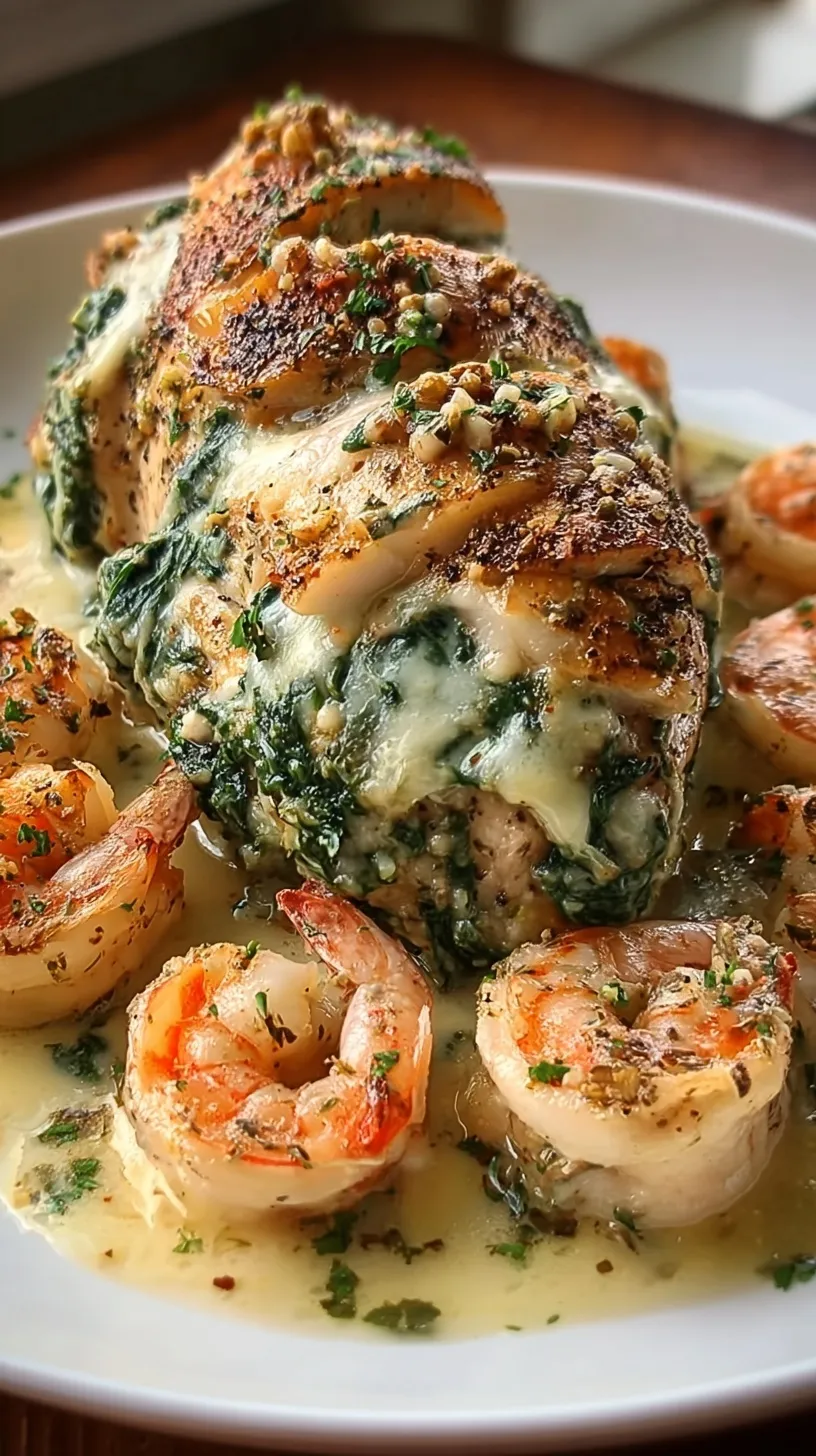 A pan-seared stuffed chicken breast topped with golden garlic butter shrimp and fresh herbs.
