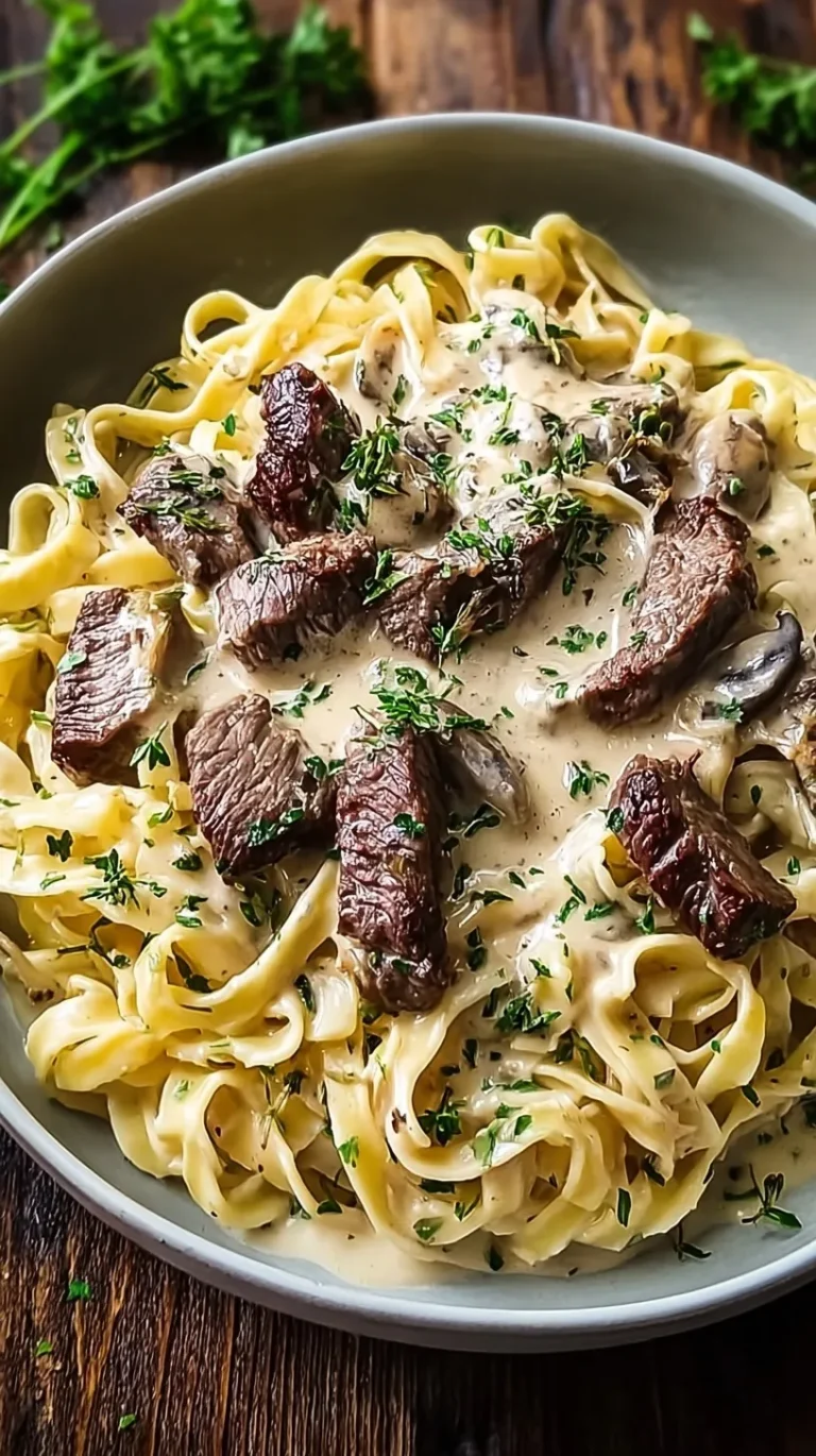 A skillet of creamy steak alfredo with fettuccine and fresh parsley garnish