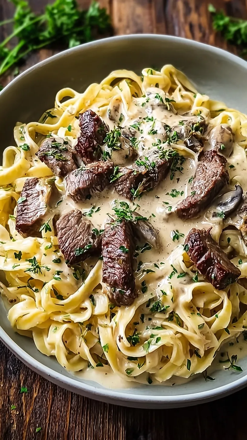A skillet of creamy steak alfredo with fettuccine and fresh parsley garnish