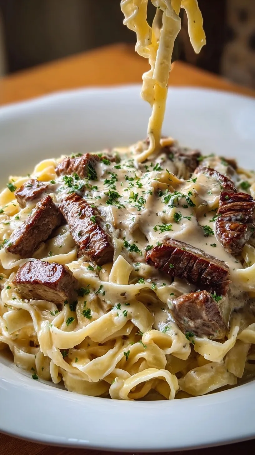 Sliced pan-seared steak over a bed of creamy fettuccine alfredo with fresh parsley