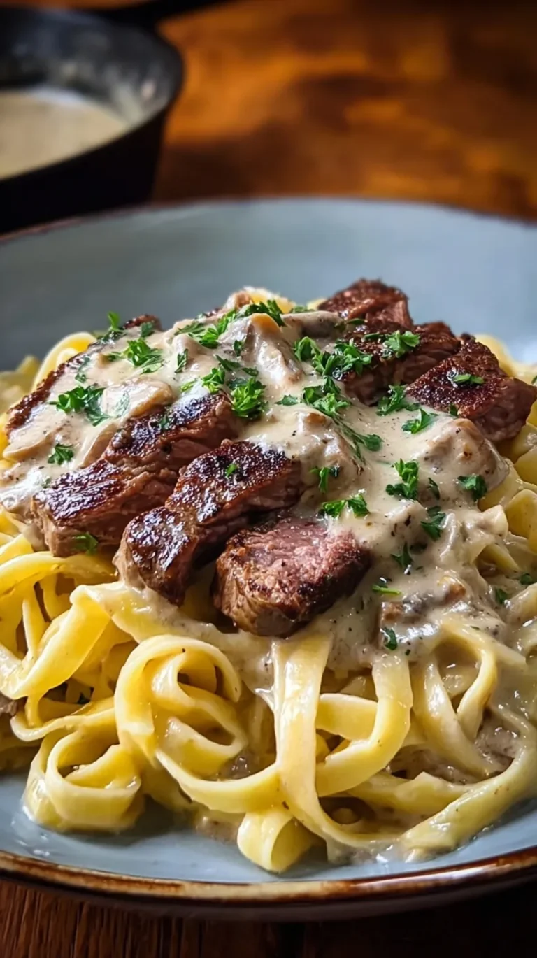Sliced sirloin steak over creamy fettuccine alfredo garnished with fresh parsley
