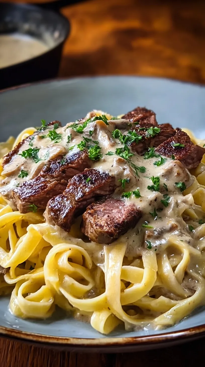 Sliced sirloin steak over creamy fettuccine alfredo garnished with fresh parsley