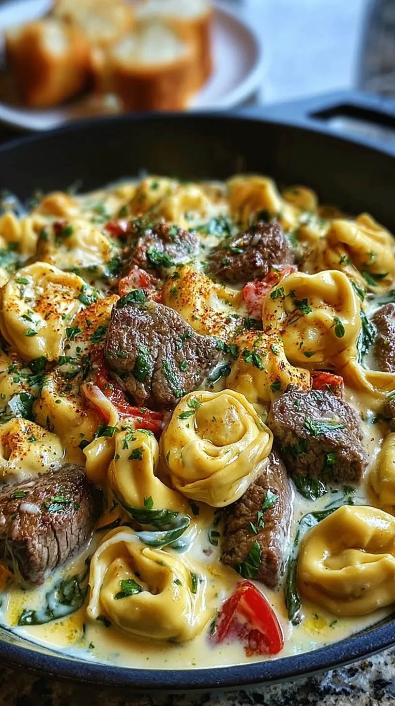 A skillet filled with seared steak bites and cheese tortellini in a creamy white sauce with spinach.