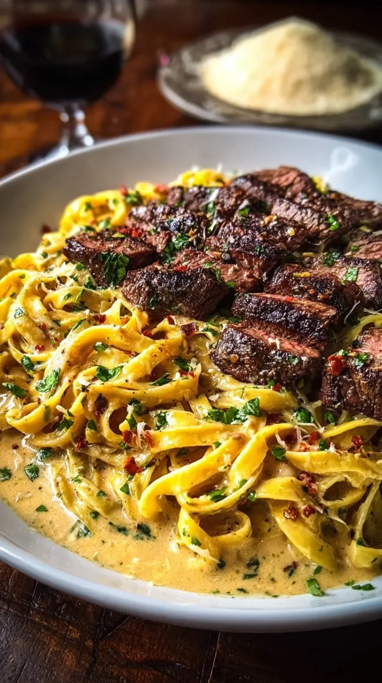 A plate of creamy steak fettuccine with garlic parmesan sauce and parsley