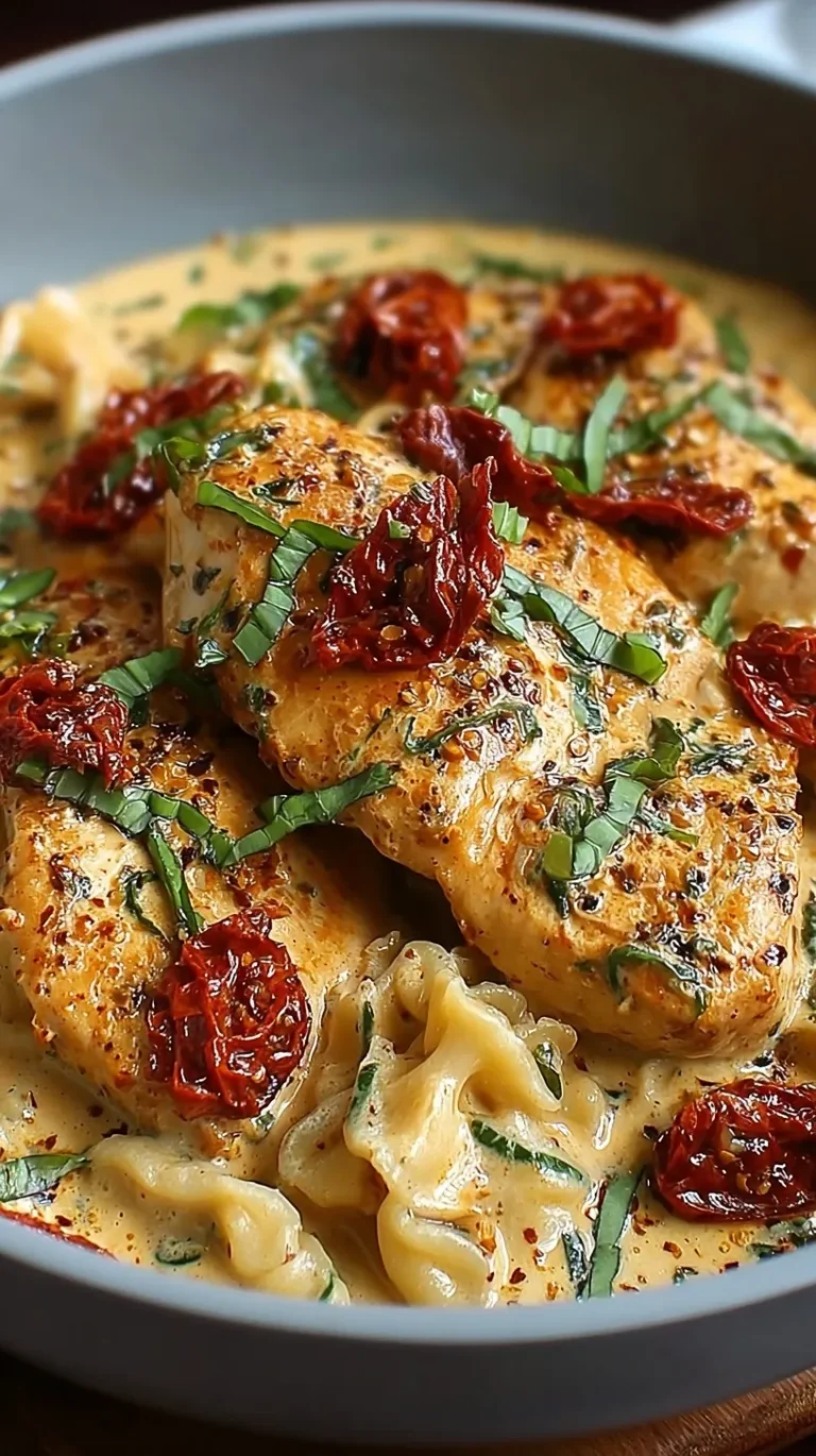 Golden seared chicken breasts in a creamy sauce with sun-dried tomatoes and spinach in a skillet