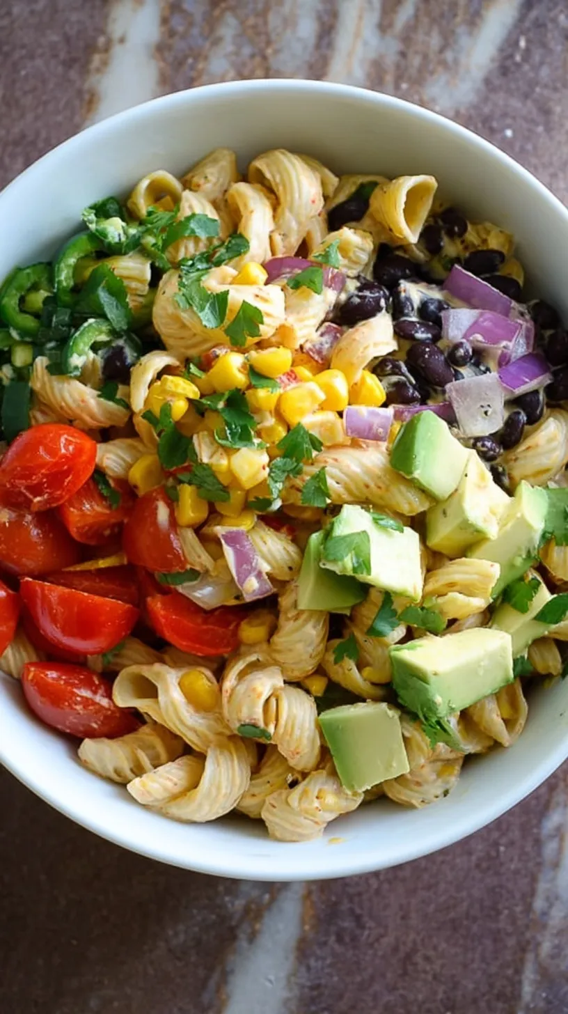 A bowl of Creamy Tex-Mex Pasta Salad with rotini, corn, beans, and cheese.