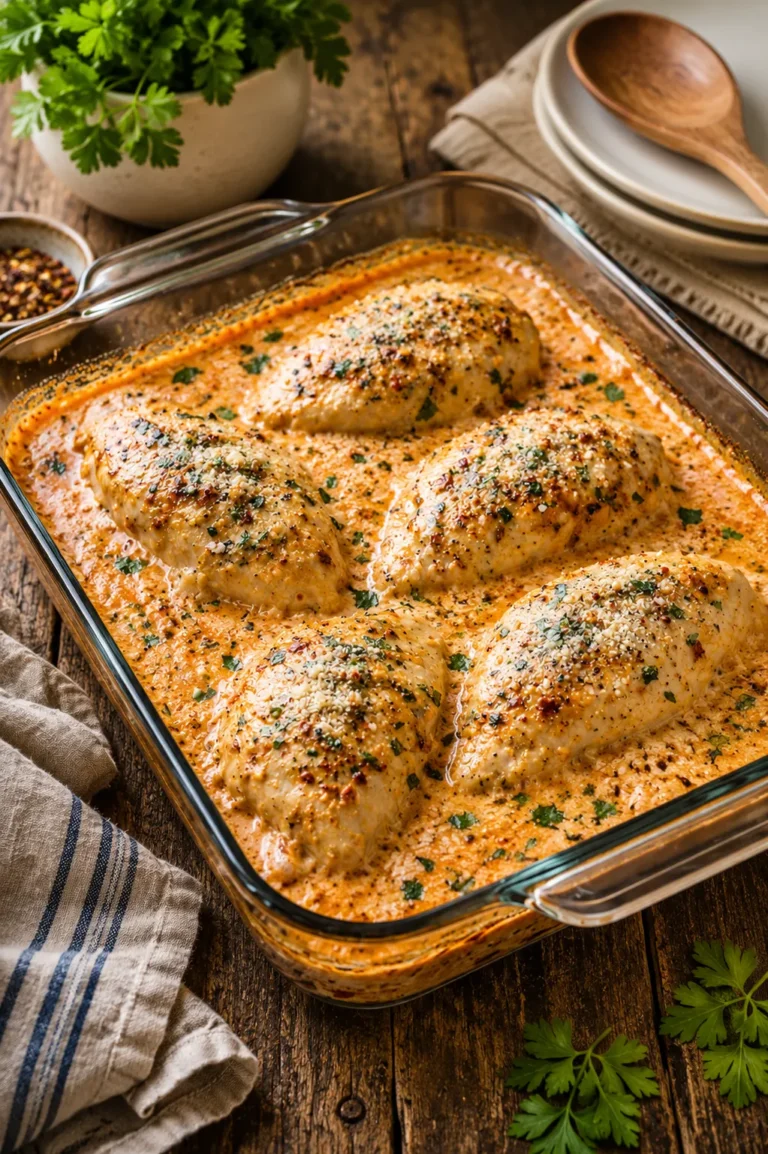 Creamy Tomato Basil Baked Chicken served in a baking dish with juicy chicken breasts covered in a rich tomato Parmesan cream sauce and fresh basil.
