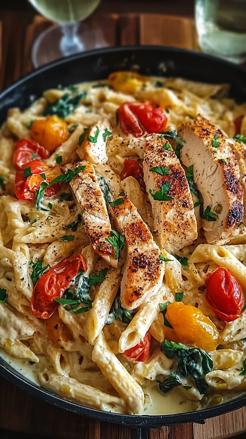 A skillet filled with Creamy Tuscan Chicken Pasta featuring seared chicken, spinach, and sun-dried tomatoes in a white sauce.