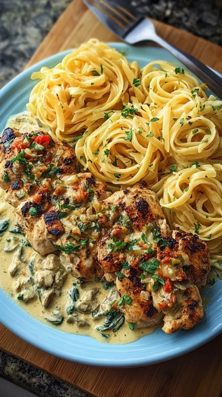 A skillet filled with Creamy Tuscan Chicken and fettuccine pasta in a garlic parmesan sauce with spinach and sun-dried tomatoes.