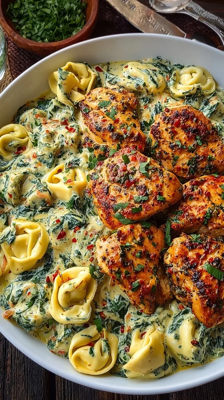 A skillet filled with creamy tuscan chicken tortellini, spinach, and sun-dried tomatoes
