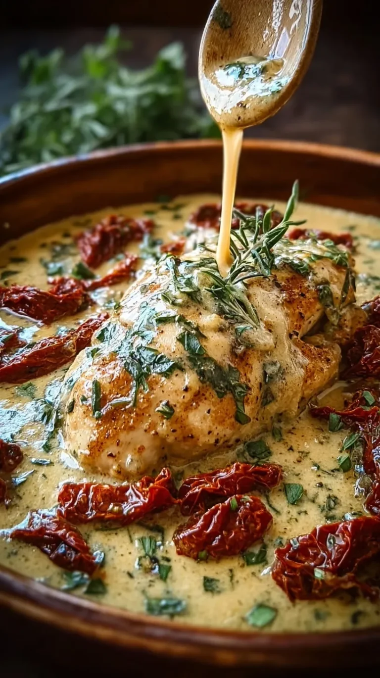 Pan-seared chicken breasts in a creamy sauce with spinach and sun-dried tomatoes
