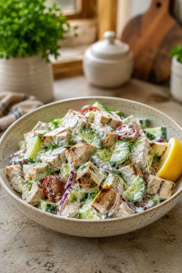 Creamy Tzatziki Chicken Salad with fresh vegetables and herbs