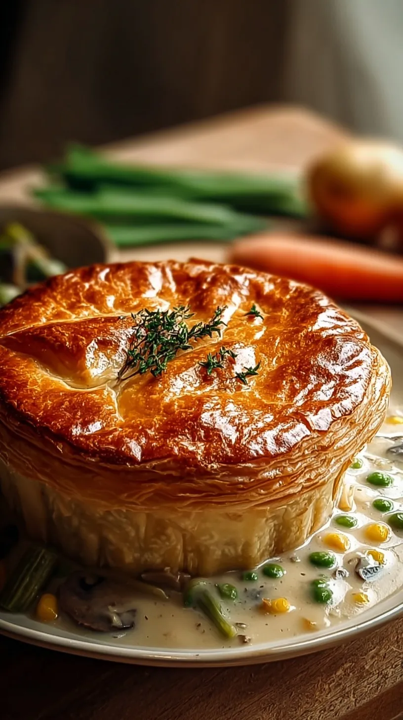 A golden brown vegetable pot pie in a white dish with a flaky puff pastry crust and creamy vegetable filling.
