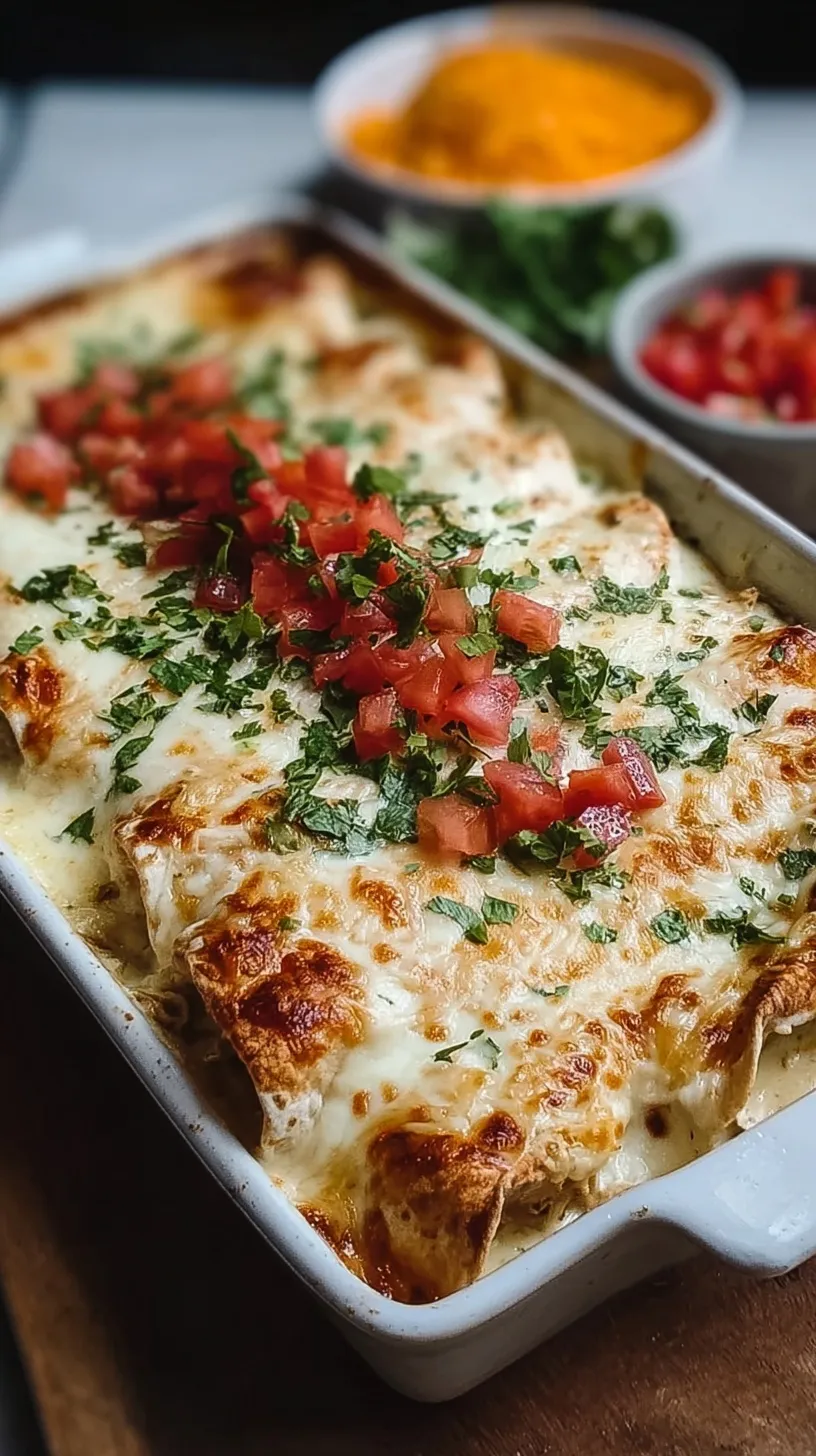 A baking dish filled with Creamy White Chicken Enchiladas topped with melted cheese and white sauce.