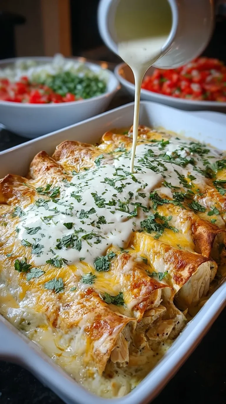 A baking dish filled with cheesy chicken enchiladas covered in a white sour cream sauce and green chilies.